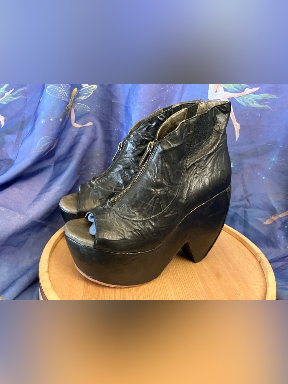 Women's Black Leather Femme Fatale Platform Boot Booties Size 8 - Picture 4 of 10